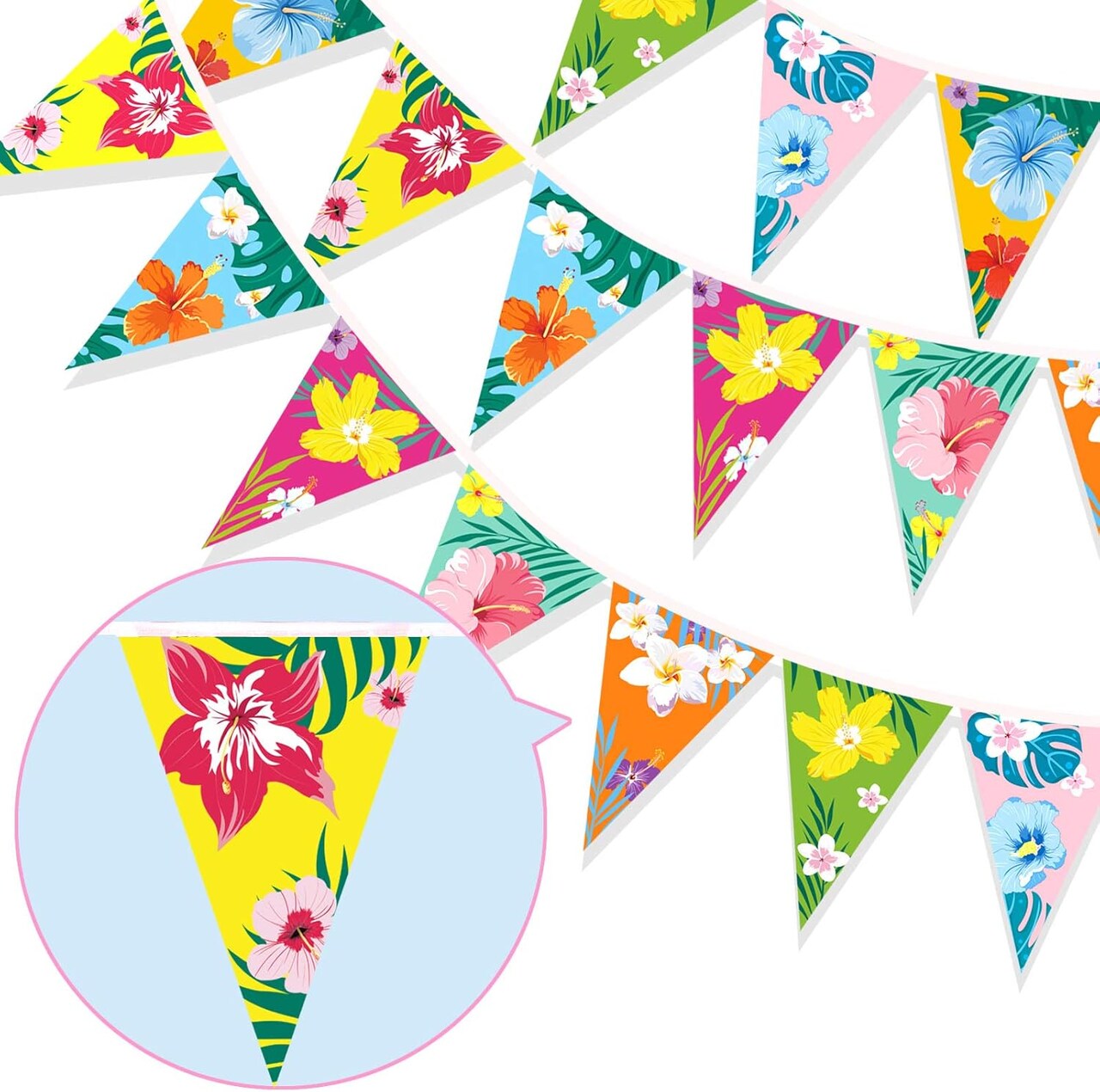 Hawaiian Bunting Banner Luau Tropical Party Bunting Hibiscus Yarn Bunting Flag Triangle Banner for Indoor Outdoor Summer Luau Tiki Pool Cocktail Beach Birthday Party Decoration Supplies